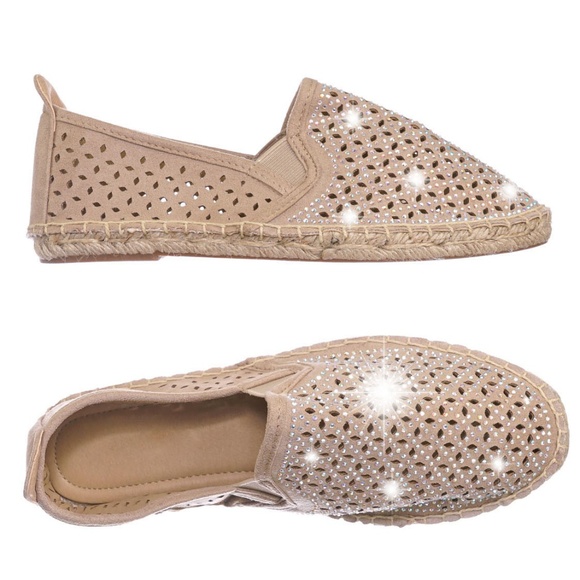 New Beige Rhinestone Espadrille Slip On Flats - Picture 2 of 7
